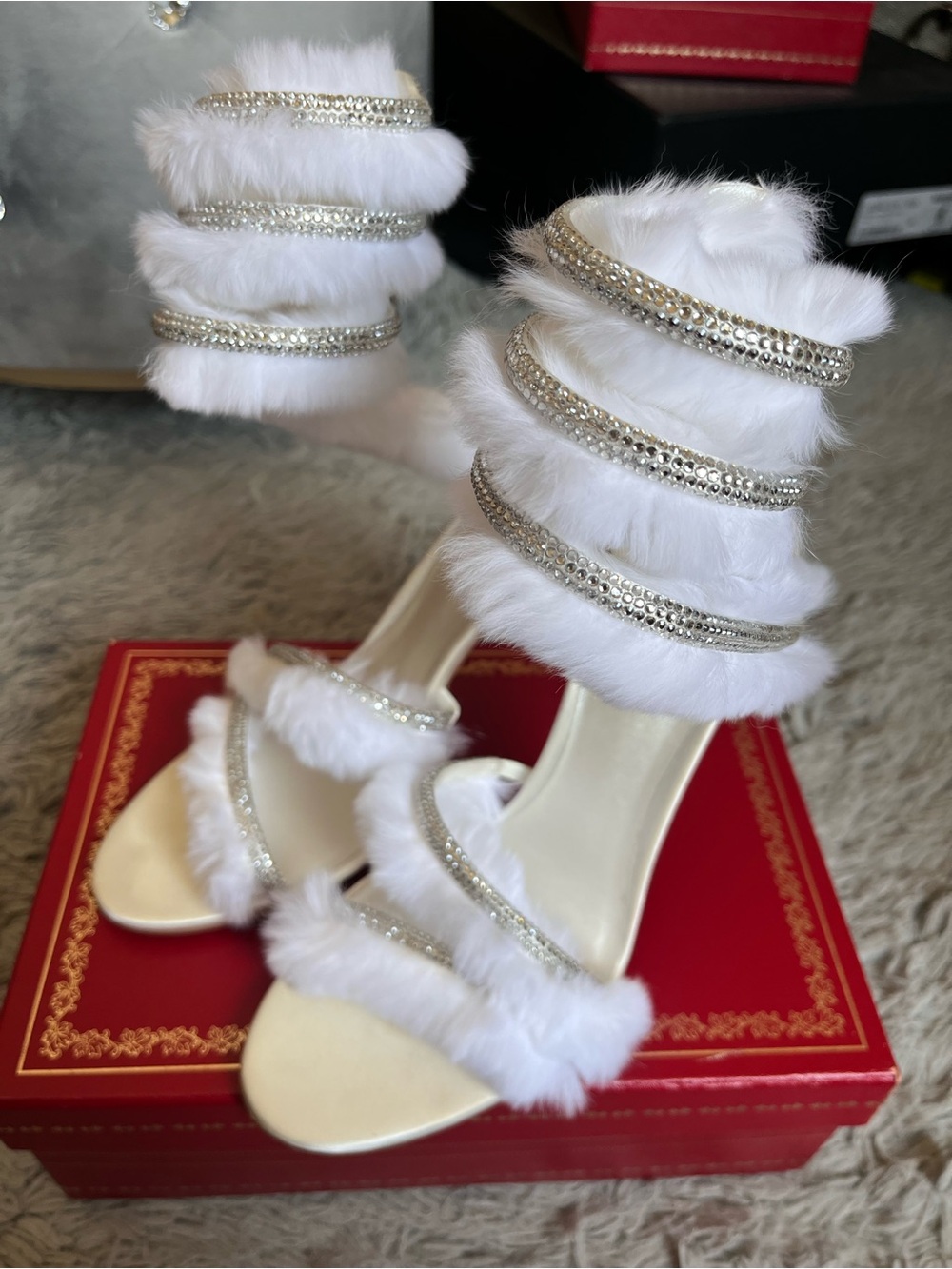 Rene Caovilla White Fur and Crystal Wrap Heels